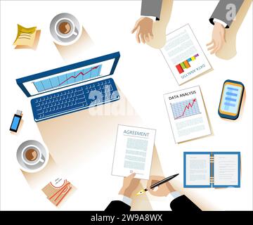 Table avec les mains des hommes d'affaires signant des documents. Concept commercial. Croissance de carrière et succès. Démarrage financier, planification et analyse. Vecteur moderne Illustration de Vecteur