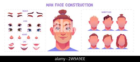 Kit de construction de visage de jeune homme avec des parties faciales de dessin animé et générateur d'émotions. Set pour la création d'avatars masculins avec différents nez et yeux, sourcils et coiffures. Vecteur d'éléments de tête de gars. Illustration de Vecteur