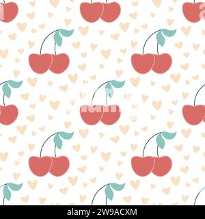 Joli motif sans couture de cerises et de coeurs. Fond romantique Berry pour la Saint-Valentin. Impression simple pour emballage cadeau, textile et design Illustration de Vecteur