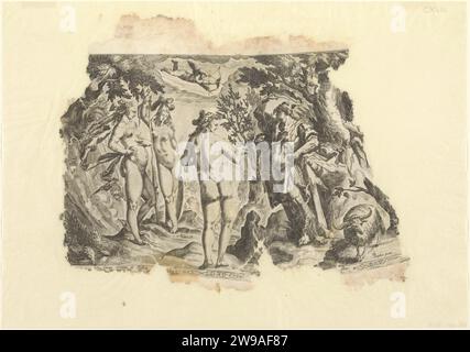 Jugement de Paris, Zacharias Dolendo (attribué à), 1580 - 1596 estampe dans un paysage forestier, Pallas, Junon et Vénus sont opposés à Paris avec un bâton de berger et un bélier à côté de lui. Au-dessus d'eux, Amor flotte avec un arc et une arche sur Paris. Mercure est caché dans un arbre sur la droite. Dans la marge inférieure un texte latin de quatre lignes. Amsterdam gravure sur papier le jugement de Paris (Mercure présent) Banque D'Images