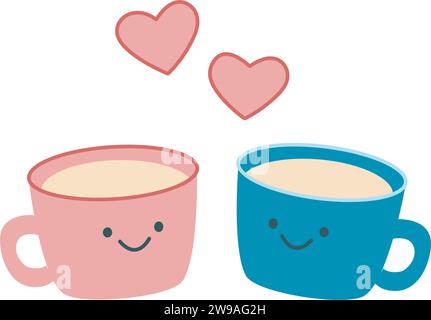 Tasses amoureux style Kawaii. Deux tasses de caractère et coeur, Saint Valentin et concept de mariage. Mugs mignons avec boisson chaude et sourires, vecteur isolé Illustration de Vecteur