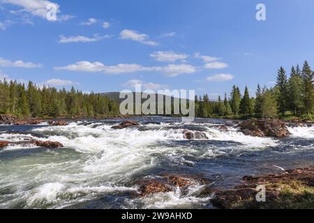 Brillance estivale à la rivière Namsen à Namsskogan, Trondelag, Norvège, avec des eaux en cascade qui se tissent à travers de grands rochers et des arbres solitaires Banque D'Images