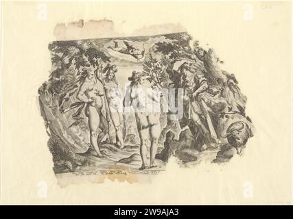 Jugement de Paris, Zacharias Dolendo (attribué à), 1580 - 1596 estampe dans un paysage forestier, Pallas, Junon et Vénus sont opposés à Paris avec un bâton de berger et un bélier à côté de lui. Au-dessus d'eux, Amor flotte avec un arc et une arche sur Paris. Mercure est caché dans un arbre sur la droite. Dans la marge inférieure un texte latin de quatre lignes. Amsterdam gravure sur papier le jugement de Paris (Mercure présent) Banque D'Images