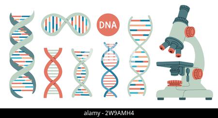Ensemble d'ADN et microscope. Le modèle de gène de vie bio code génétique molécule symboles médicaux. Molécule de structure, chromosome. Illustration de Vecteur