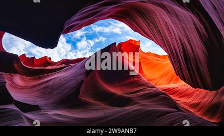 Les majestueux murs de grès courbent gracieusement dans un magnifique Antelope Canyon dans le sud-ouest américain Banque D'Images