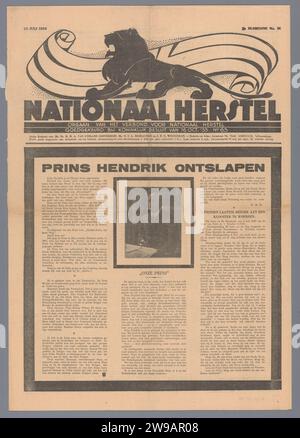 National Recovery, Association for National Recovery, journal de 1934 sur la mort du prince Hendrik, no 11 du 2e volume de la 'National Recovery', page d'accueil 4PP encadrée en noir. Impression papier de la Haye pays-Bas Banque D'Images