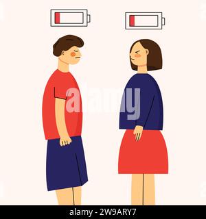 Illustration du burnout social et émotionnel. Homme et femme fatigués et stressés dans la conception plate. Illustration de Vecteur