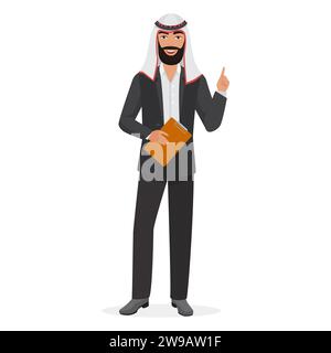 Homme d'affaires arabe pointant le geste. Homme musulman portant l'illustration vectorielle de dessin animé de costume classique Illustration de Vecteur