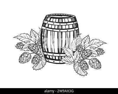 Croquis vectoriel dessiné à la main de tonneau en bois et plante de houblon avec des feuilles et des bourgeons, ingrédients de bière, illustration en noir et blanc de fût de chêne texturé, Illustration de Vecteur