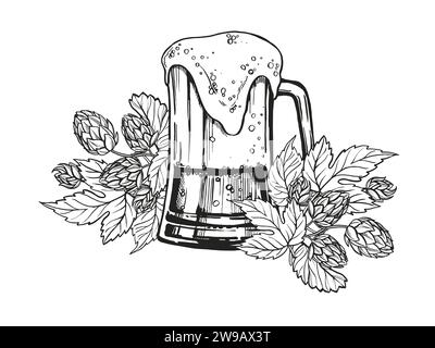 Croquis vectoriel dessiné à la main de plein verre à bière avec mousse et plante de houblon avec des feuilles et des bourgeons, ingrédients de la bière, illustration en noir et blanc du thème de la bière Illustration de Vecteur