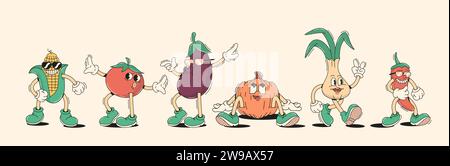 Personnages de légumes drôles dans le jeu d'illustration vectorielle de style dessin animé rétro. Produits alimentaires végétariens conception d'éléments d'animation vintage Illustration de Vecteur