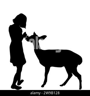 Silhouette d'une fille nourrissant un cerf Illustration de Vecteur