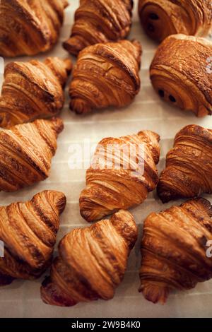 Assiette de pâtisseries dorées, fraîchement cuites, chaudes et délicieuses, croissants français assis sur la table recouverte de parchemin de boulangerie. Banque D'Images