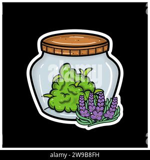 Saveur de lavande avec Cartoon Mascot de Weed Bud sur pot. Pour autocollant et étiquette. Vector et Illustration. Illustration de Vecteur