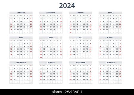 Planificateur de calendrier pour 2024. Modèle de calendrier pour 2024. Calendrier corporatif et professionnel 24. La semaine commence le dimanche Illustration de Vecteur