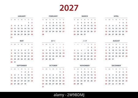 Planificateur de calendrier pour 2027. Modèle de calendrier pour 2027. Calendrier corporatif et professionnel 27. Modèle de planificateur de conception d'entreprise de début de semaine dimanche. Illustration de Vecteur