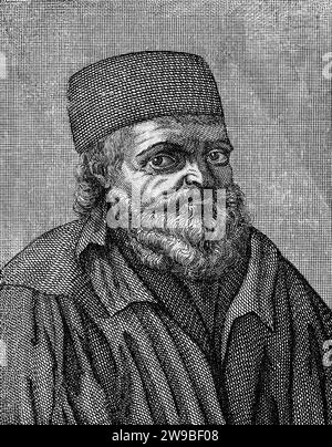 Nicolas Flamel. Portrait du scribe français, vendeur de manuscrits et alchimiste, Nicolas Flamel (c. 1330-1418), gravure au trait. Flamel est réputé pour avoir créé et découvert la pierre philosophale et avoir ainsi atteint l'immortalité. Banque D'Images