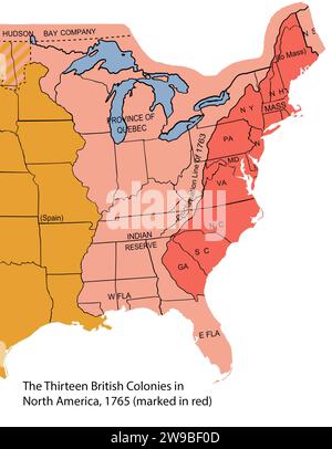 Treize colonies. Carte des 13 colonies britanniques en Amérique du Nord, 1765 (marquée en rouge) avec des frontières modernes superposées Banque D'Images