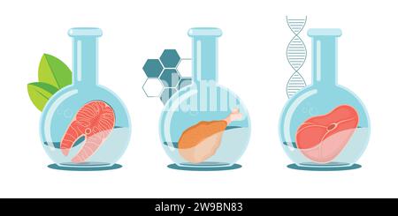 Ensemble de viande cultivée en laboratoire de saumon, boeuf et cuisse de poulet. Tranches de viande crue flottant dans les flacons de laboratoire. Icônes de la viande cultivée. Illustration de Vecteur