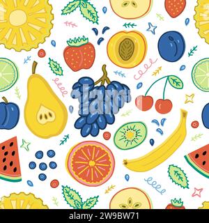 Modèle sans couture : fruits exotiques et baies isolés sur blanc. Ananas, fraise, pomme, citron vert, pamplemousse, poire, cerise, pastèque, prune, pêche, Illustration de Vecteur