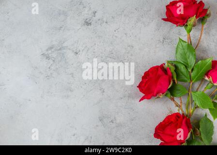 Bouquet de fleurs roses rouges sur fond gris. Pose à plat. Vue de dessus. Carte de jour de femme, Saint Valentin, mariage ou anniversaire avec espace copie Banque D'Images
