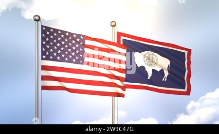 3D agitant les drapeaux du Wyoming et des États-Unis sur Blue Sky avec Sun Shine Banque D'Images