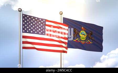 3D ondulant la Pennsylvanie et les États-Unis sur Flagpole sur Blue Sky avec Sun Shine Banque D'Images