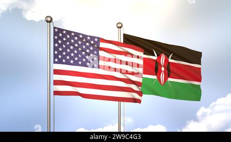 3D agitant le Kenya et les États-Unis sur Flagpole sur Blue Sky avec Sun Shine Banque D'Images