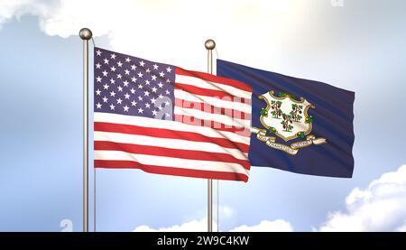 3D ondulant le Connecticut et les États-Unis sur Flagpole sur Blue Sky avec Sun Shine Banque D'Images