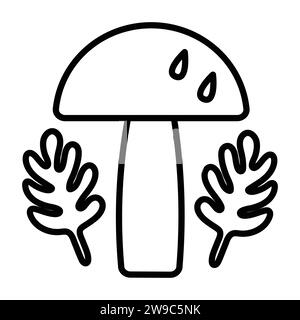 Champignon et deux feuilles de chêne, signe vectoriel de la saison d'automne, illustration simple de ligne noire Illustration de Vecteur