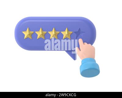 Main de l'utilisateur pointant sur le formulaire de sondage et choisissant l'étoile jaune. Avis client positif cinq étoiles. Feedback en ligne, rendu 3D sur fond blanc. Banque D'Images