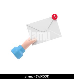 Concept de message reçu. Nouveau, e-mail entrant, sms. Service de livraison de courrier. Enveloppe en main. recevoir du courrier. Rendu 3D sur fond blanc. Banque D'Images