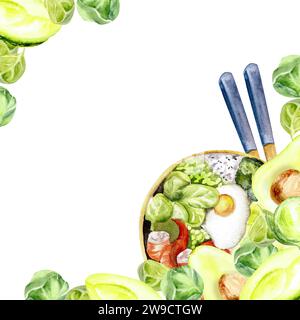 Aquarelle asiatique traditonal repas poke avec baguettes et légumes modèle pour le menu. Cadre alimentaire isolé dessiné à la main pour restaurant, café, logo, laboratoire Banque D'Images