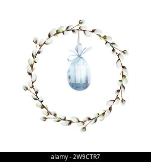 Illustration de couronne de Pâques aquarelle. Premier saules de printemps dessinés à la main dans le cadre rond pour les vacances, invitation, décoration de carte de voeux, étiquette, logo. Banque D'Images