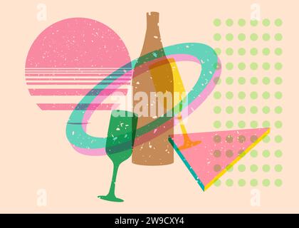 Verre à champagne risographique et bouteille aux formes géométriques. Les objets dans le graphe riso tendance impriment la conception de style de texture avec des éléments géométriques. Illustration de Vecteur