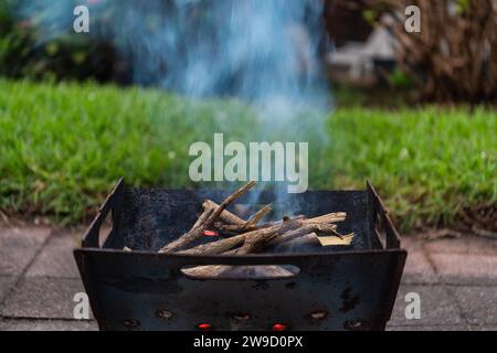 Fumée et bois, brûlant du bois de chauffage dans le foyer sans flammes Banque D'Images