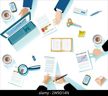 Travail d'équipe à la table de bureau. Concept commercial. Croissance de carrière et succès. Démarrage financier, planification et analyse. Illustration vectorielle moderne. Illustration de Vecteur