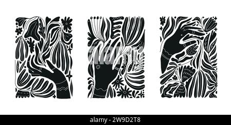Ensemble vectoriel d'impressions silhouette noir et blanc. Mains tenant des fleurs, formes florales illustrations célestes, art de motifs de style Boho, contemporain Illustration de Vecteur