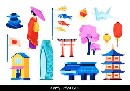 Japon en détail - ensemble d'objets de style design plat Illustration de Vecteur