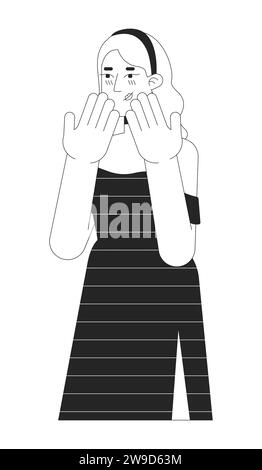 Excitée timide jeune femme caucasienne noir et blanc personnage de dessin animé en ligne 2D. Illustration de Vecteur