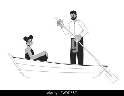 Couple hétérosexuel afro-américain sur une promenade romantique en bateau en noir et blanc des personnages de dessin animé en ligne 2D. Illustration de Vecteur