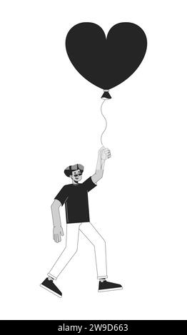 Homme hispanique volant avec ballon dans les mains personnage de dessin animé en ligne 2D noir et blanc Illustration de Vecteur