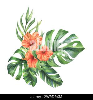 Feuilles de palmier tropical, monstera et fleurs d'hibiscus rouge, juteux brillant. Illustration botanique à l'aquarelle dessinée à la main. Composition isolée sur un Banque D'Images