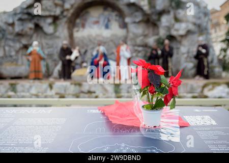 Cité du Vatican, État de la Cité du Vatican. 25 décembre 2023. Un vase de poinsettias a été laissé devant la scène de la nativité à St. Place Pierre le jour de Noël au Vatican. (Image de crédit : © Marcello Valeri/ZUMA Press Wire) USAGE ÉDITORIAL SEULEMENT! Non destiné à UN USAGE commercial ! Banque D'Images