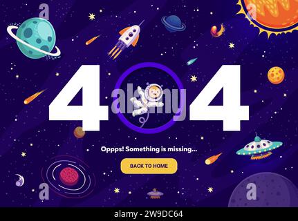 404 page avec espace galaxie de dessin animé, astronaute, OVNI et planètes, fond de page web vectoriel. Erreur du site Web 404 ou Oups quelque chose manque page Web introuvable avec bouton d'accueil de retour pour l'écran de service Illustration de Vecteur