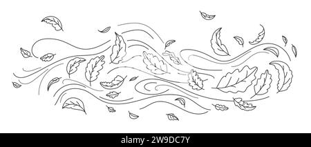 Doodle feuilles d'automne volent dans le vent. Toile de fond du contour de la saison d'automne, le flux d'air laisse un motif linéaire de vague ou une impression vectorielle de gribouillage soufflant le vent. Fond monochrome dessiné à la main par temps venteux d'automne Illustration de Vecteur