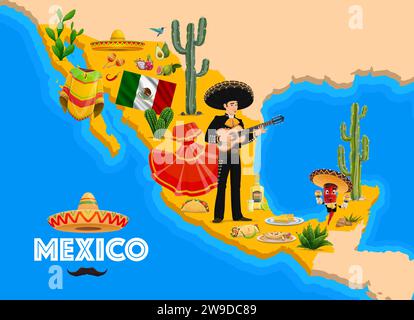 Carte du Mexique avec caractères nationaux, cuisine, fruits et plantes, fond vectoriel. Monuments mexicains sur la carte du Mexique avec musicien mariachi en sombrero, piment, avocat ou maracas et poncho Illustration de Vecteur