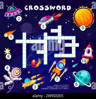 Jeu de quiz de mots croisés avec des planètes et des personnages de l'espace. Puzzle de grille de mot de vecteur avec astronaute de bande dessinée et personnages extraterrestres, OVNI, vaisseau spatial, fusée, étoiles, comète et Soleil, fond de paysage de galaxie Illustration de Vecteur