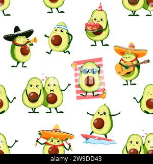 Dessin animé kawaii caractères d'avocat mexicain sans couture. Impression sans couture de vecteur de papier textile ou d'emballage, modèle de tissu avec des musiciens mariachi avocat, bains de soleil de fruits frais, jogging et surf Illustration de Vecteur