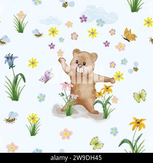 Porter un motif sans couture avec un ours en peluche drôle. Ours en peluche avec des fleurs et des papillons. Illustration pour enfants. Design pour textiles, pépinière Banque D'Images